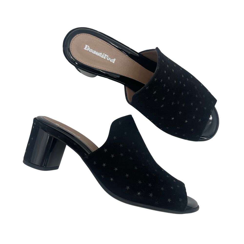 BEAUTIFEEL Shoes Size 37 (US 6.5) Heeled Mules Slip On Leather Suede Stars Black
